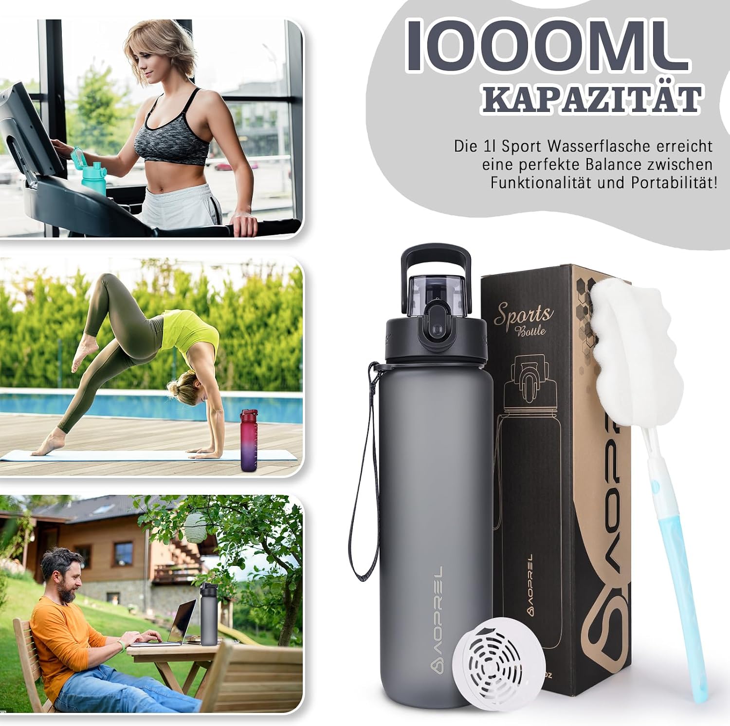 Thumbnail 6 de AOPREL Trinkflasche 1 l aus Tritan, BPA-frei – Sportflasche mit Filter und Bürste