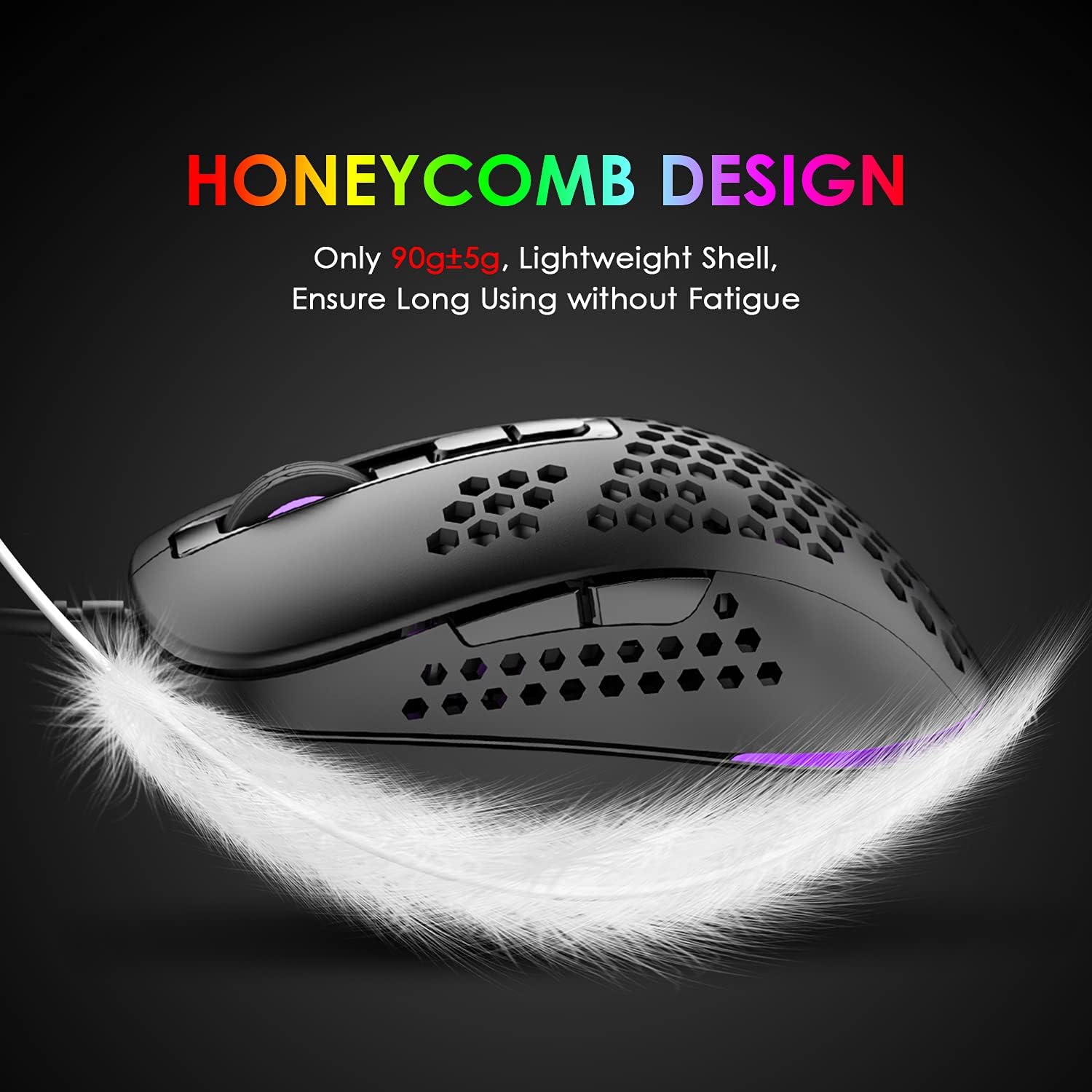 Detalle de KUIYN 383 Ultralight Wired Gaming Mouse – Lightweight Honeycomb Shell, 4 DPI Levels, 7 Buttons