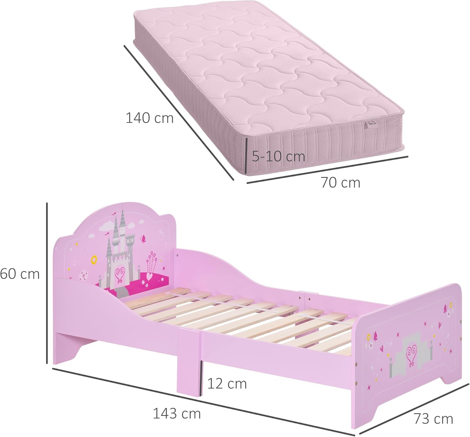 Thumbnail 6 de Lit enfant HOMCOM 140 x 70 cm – design Princesse château rose avec sommier à lattes inclus