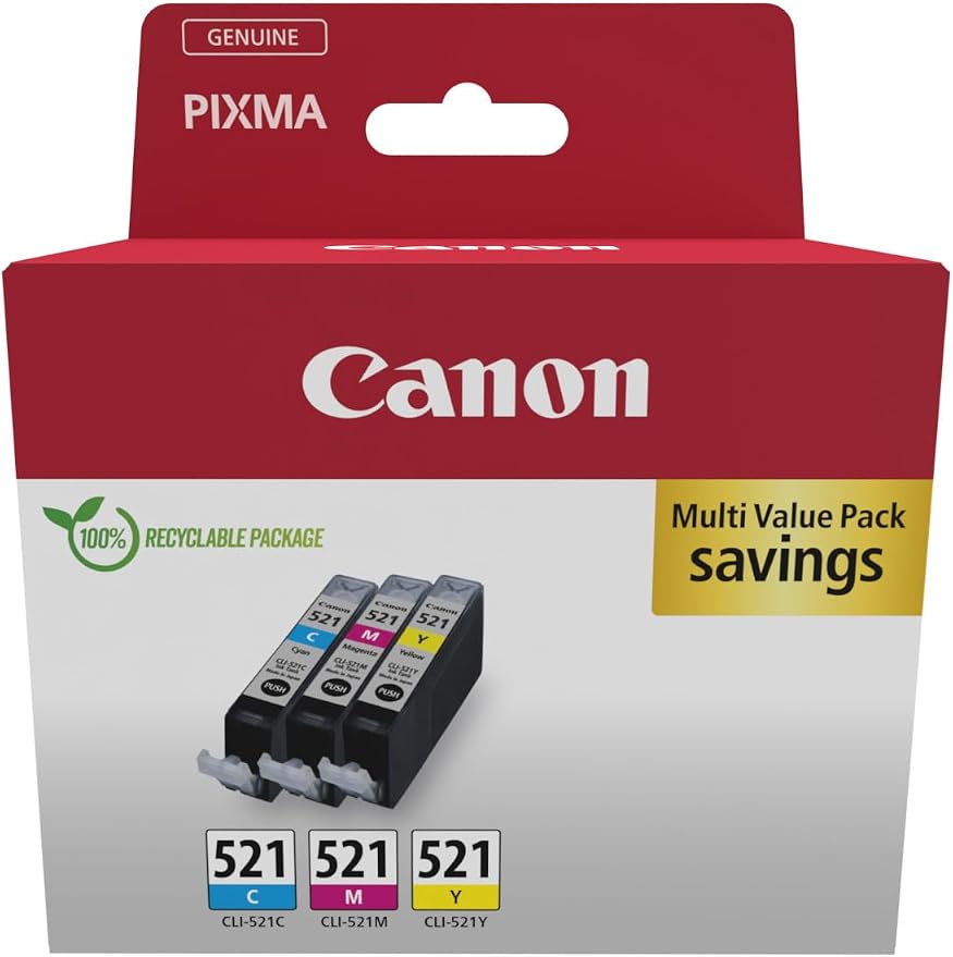 Canon CLI-521, Pack de 3 Cartuchos de Tinta Original 🎨