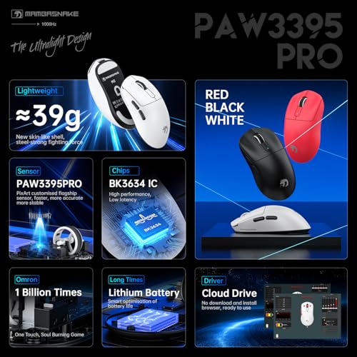 Detalle de MAMBASNAKE M3 39g Superlight Mouse – Souris gaming ultra-légère avec PAW3395PRO et options sans fil
