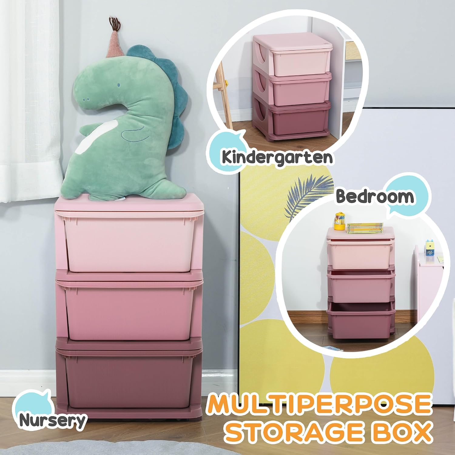 Detalle de Qaba 3-Drawer Kids Storage Organizer, 3-Tier Pink Toy Chest