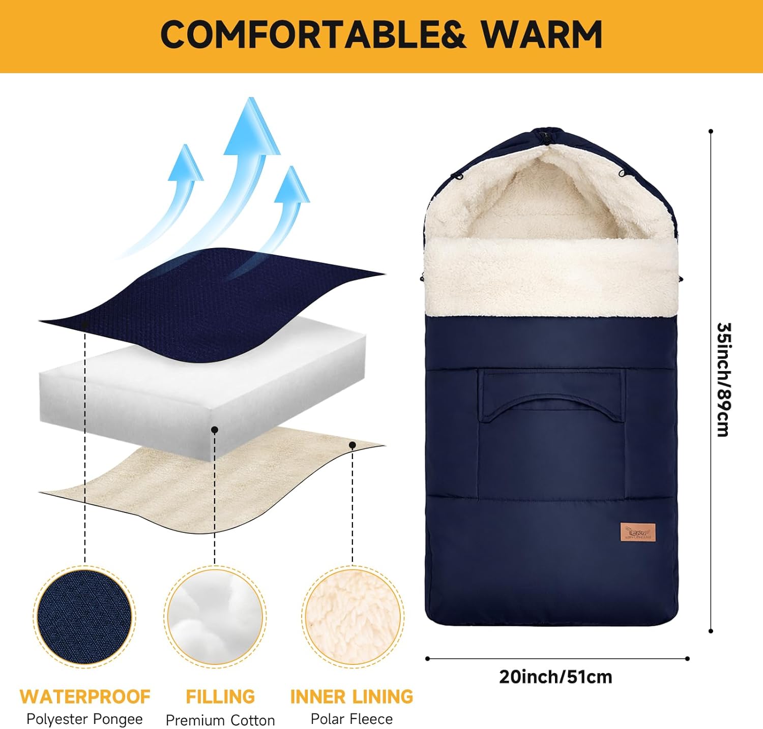 Thumbnail 3 de EAQ Cosytoes footmuff with fleece lining – warm, washable universal pushchair cover (navy blue)