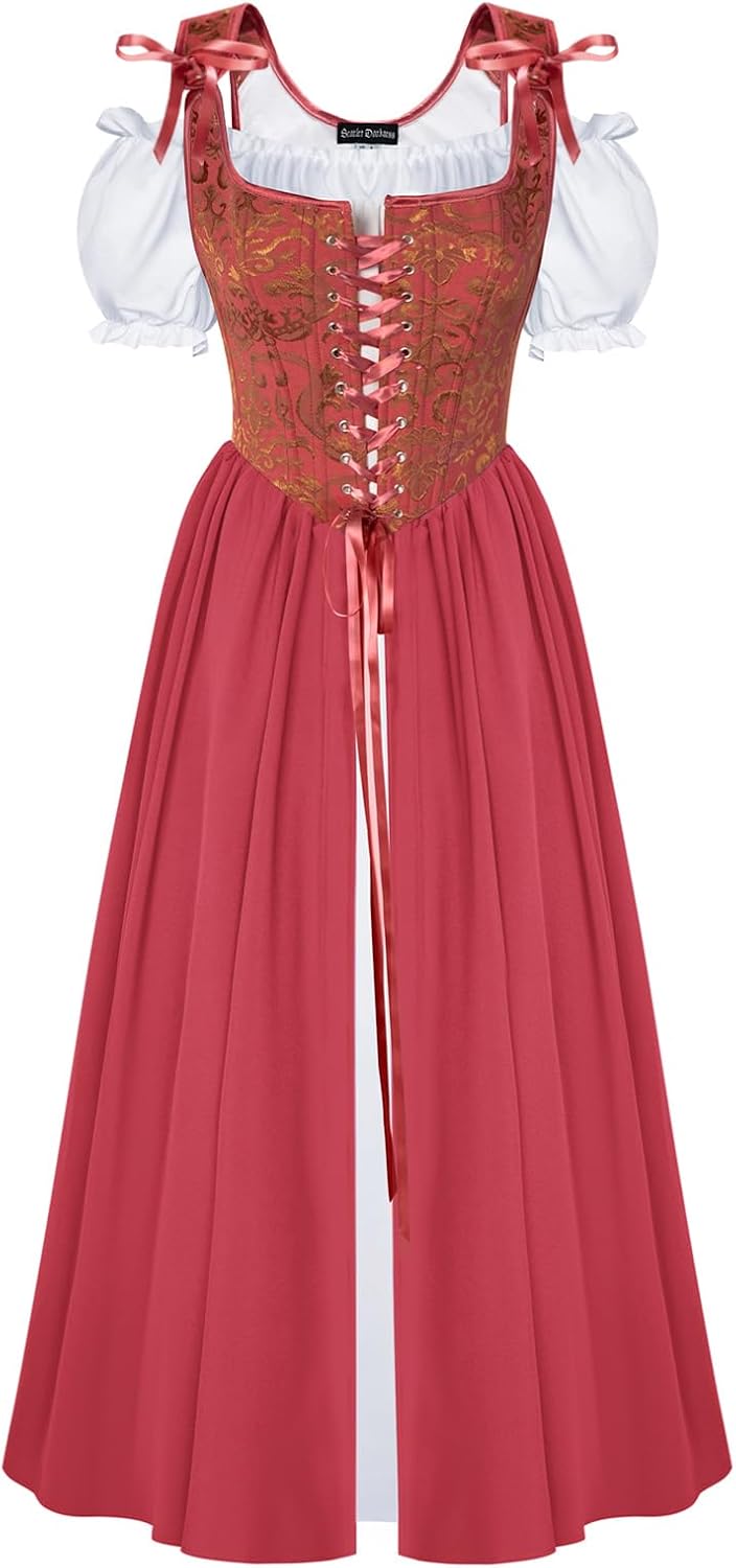Detalle de Scarlet Darkness Renaissance Costume Dress with Lace-Up Corset, Embroidery & Pockets