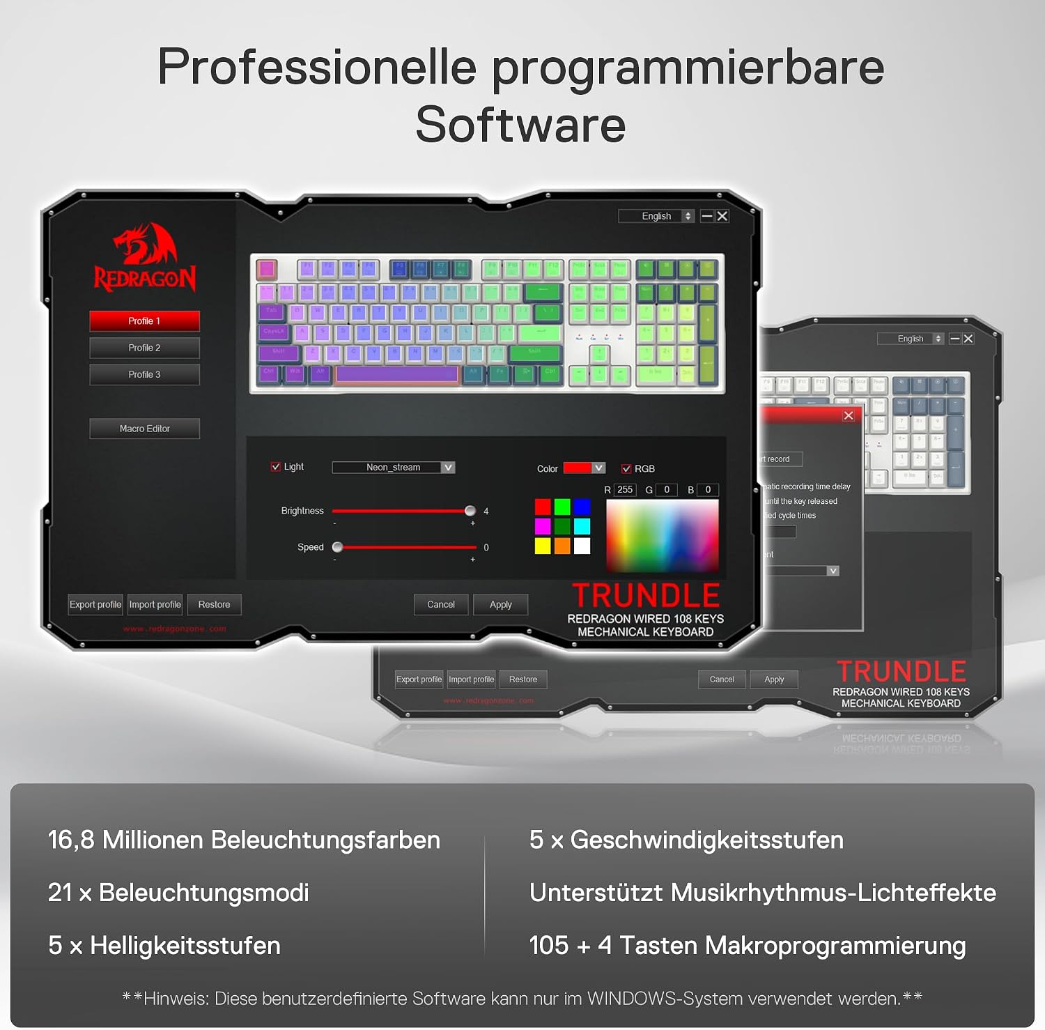 Thumbnail 6 de Redragon K668 QWERTZ Gaming-Tastatur (105+4 Tasten) mit Hot-Swap, RGB und roten Schaltern