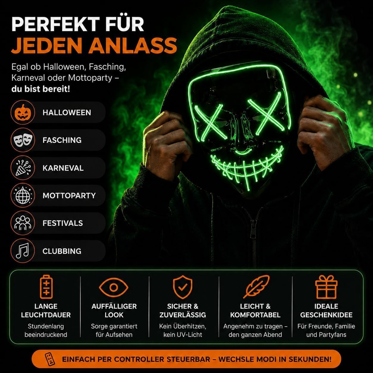 Detalle 2 de TK Gruppe Timo Klingler Purge LED-horrormasker met 3 instelbare lichteffecten