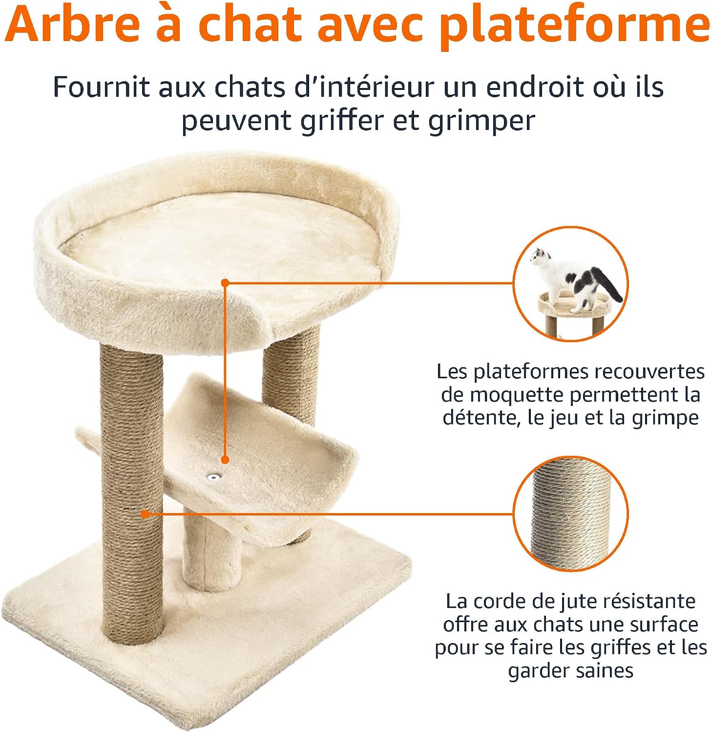 Thumbnail 3 de Amazon Basics Top Platform Arbre à chat avec griffoir Beige – 45,7 x 35,6 x 55,9 cm