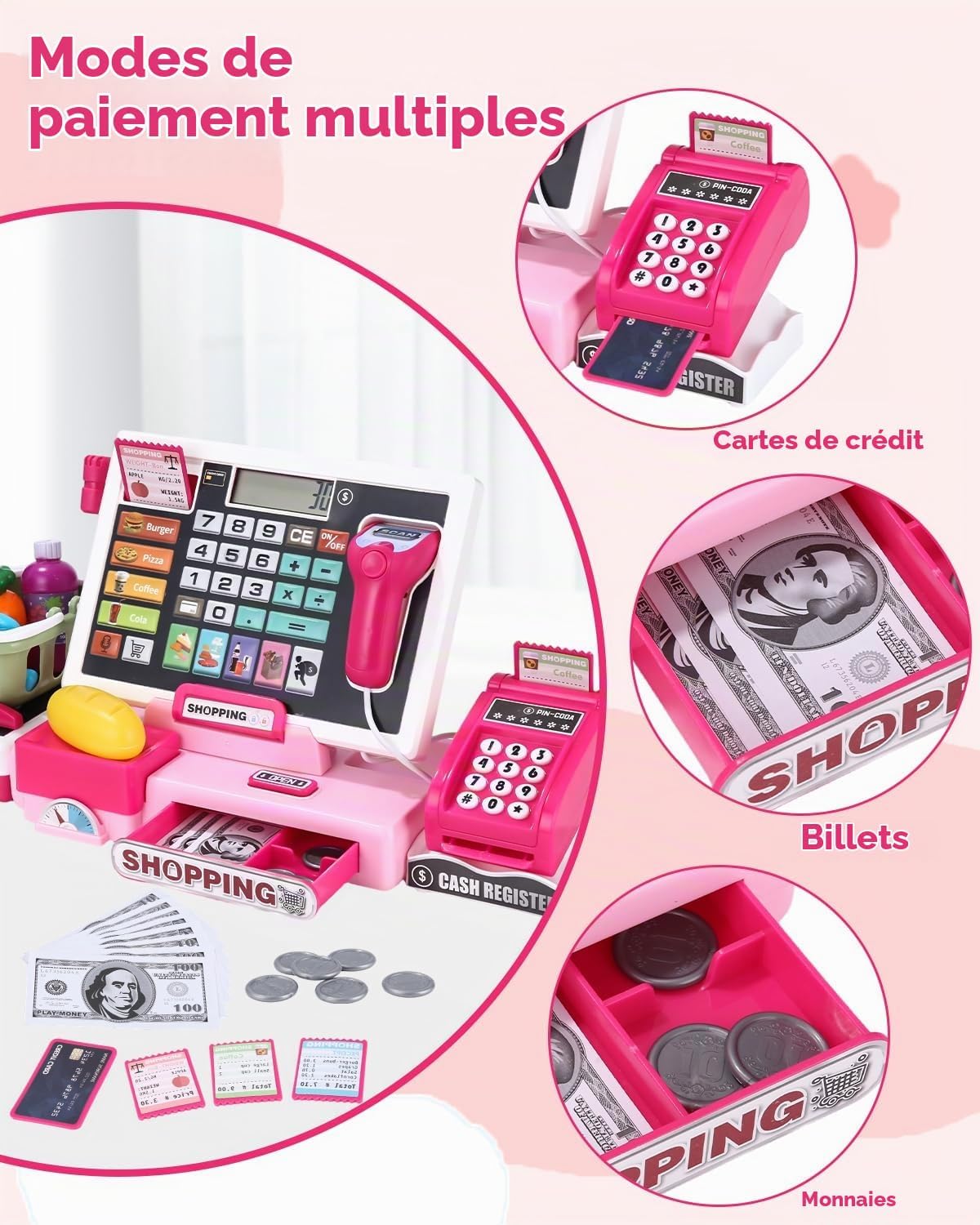 Detalle 2 de heuchaey 818-398M speelgoedkassa met rekenmachine, scanner en supermarktaccessoires