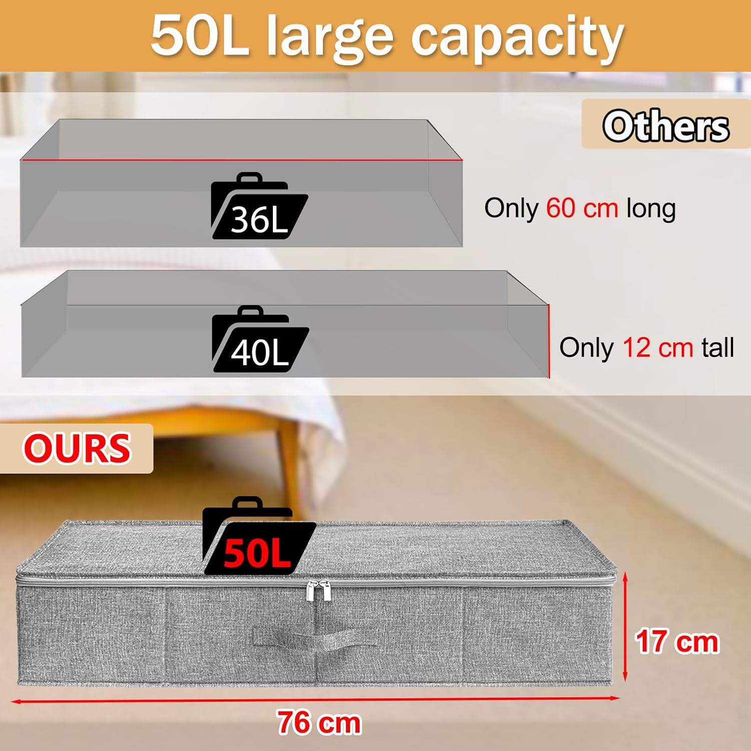 Thumbnail 1 de Under Bed Storage 3 Pack Large with Lids | Foldable Fabric Box Organisers (76x38x17cm)