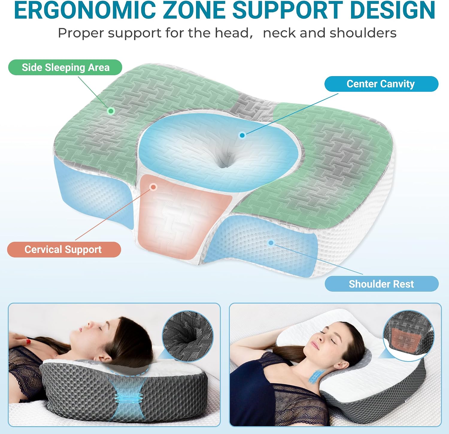 Detalle de Elviros Kopfkissen aus Memory-Schaum mit abnehmbarem Nackenhörnchen – ergonomisches Nackenstützkissen für Seitenschläfer, grau