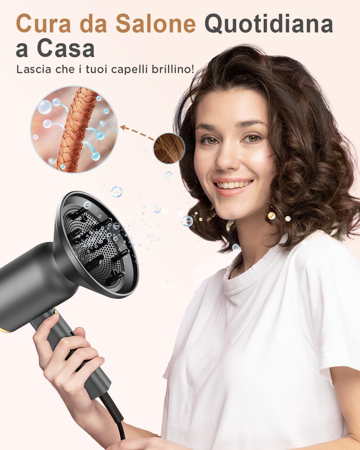Detalle de DEWILY Asciugacapelli ionico con diffusore –1800W: asciugatura rapida e controllo termico in viaggio