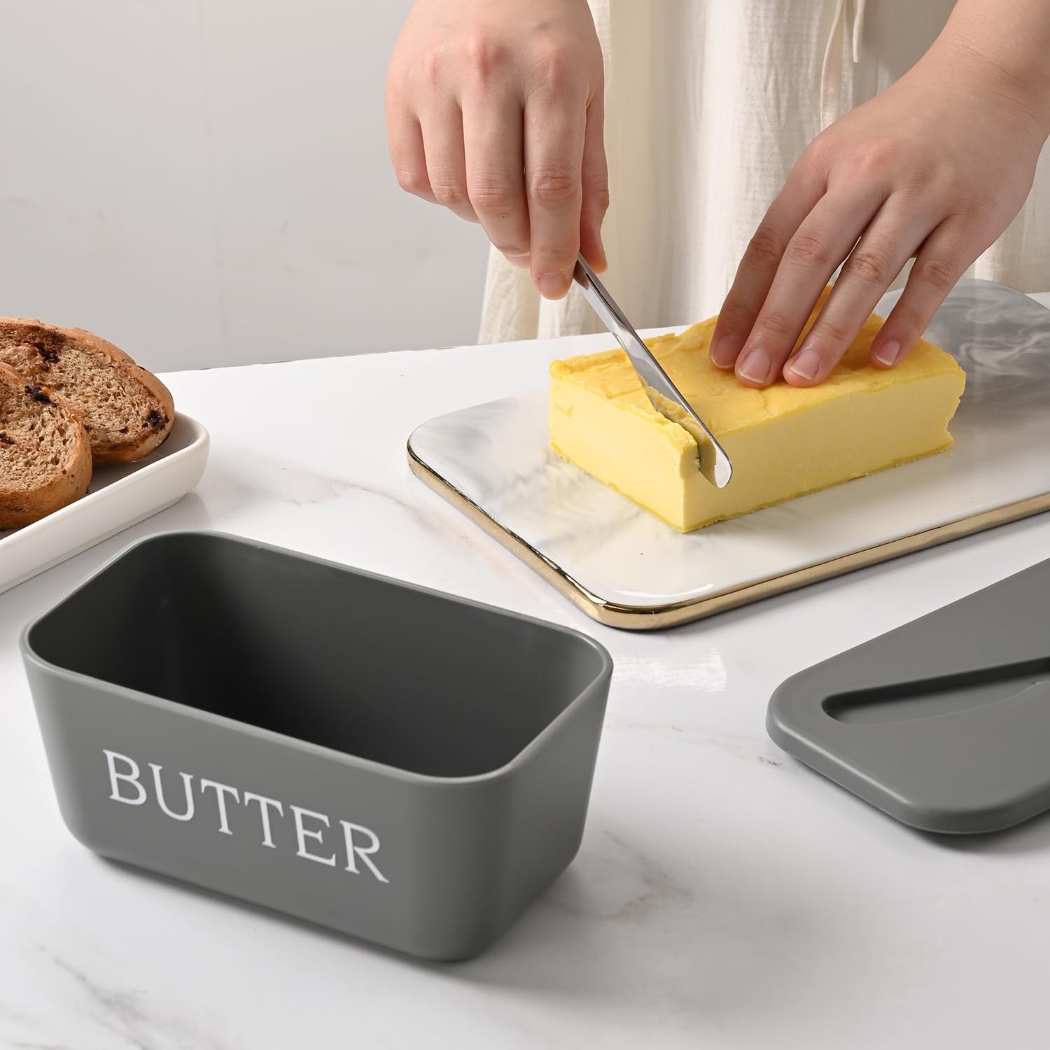 Thumbnail 5 de Plastic Large Butter Dish With Lid — Grey, BPA-Free PP, Includes Stainless Steel Butter Knife