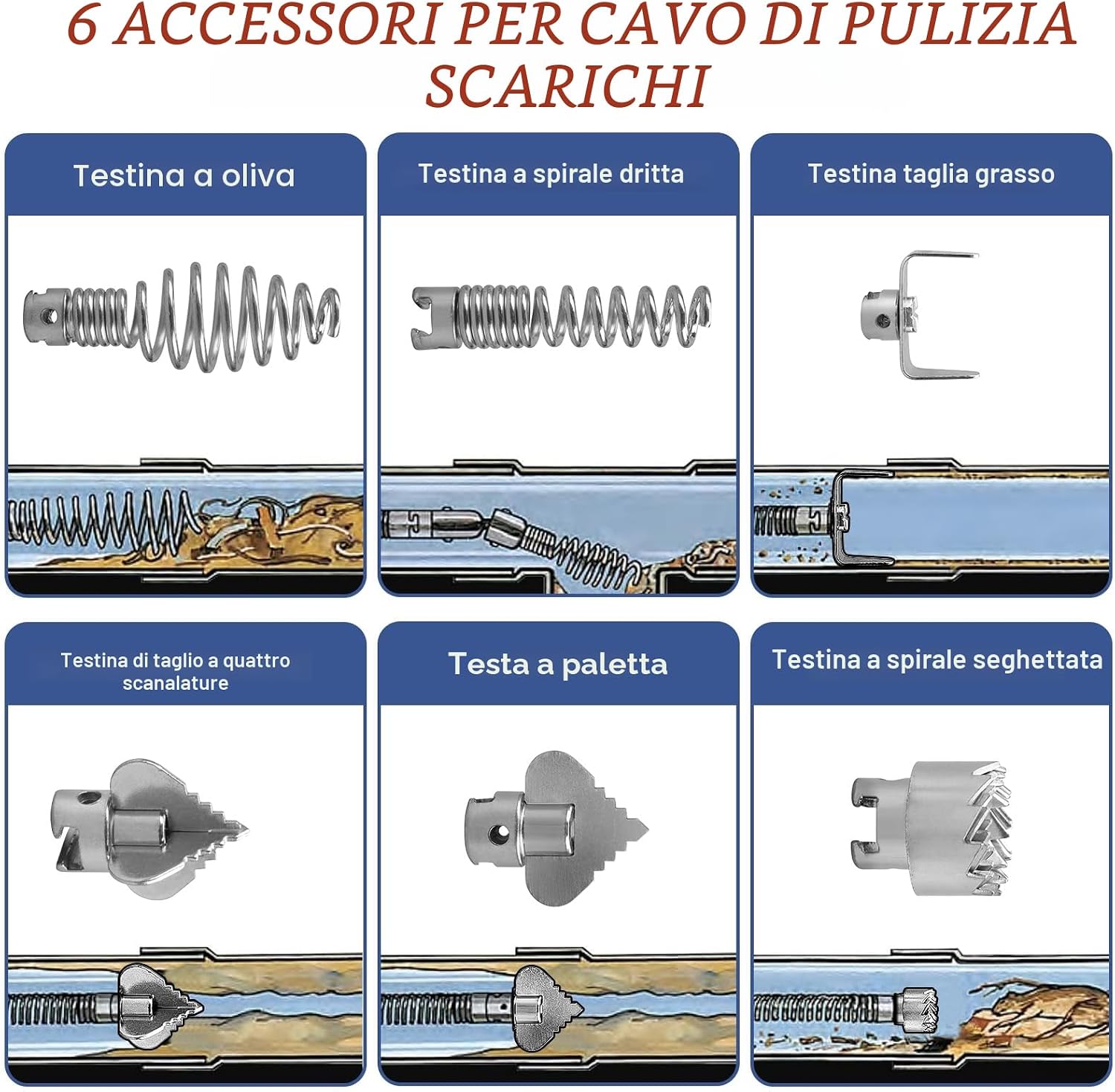 Thumbnail 5 de Sonda Sturatubi 2 × 5 metri di spirale da 12 mm con 6 teste e adattatori manuale ed elettrico