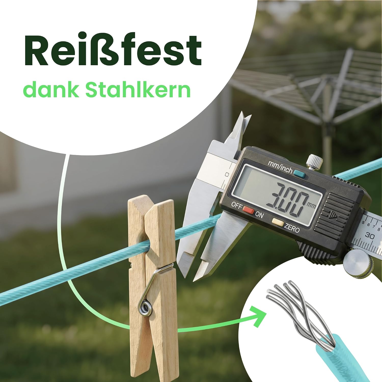 Detalle de SimplySmooth Wäscheleine 70m – Starke Außenleine mit Stahlkern, türkis