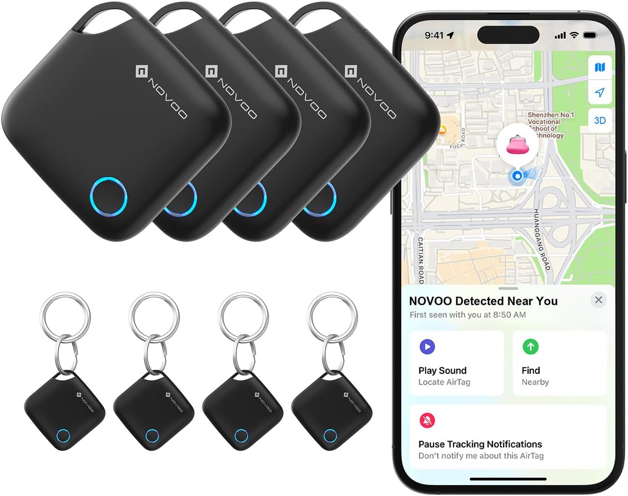 Detalle de NOVOO Smart Tag con Apple Find My (Solo iOS) – 4 pezzi, allarme 80 dB, batteria sostituibile CR2032