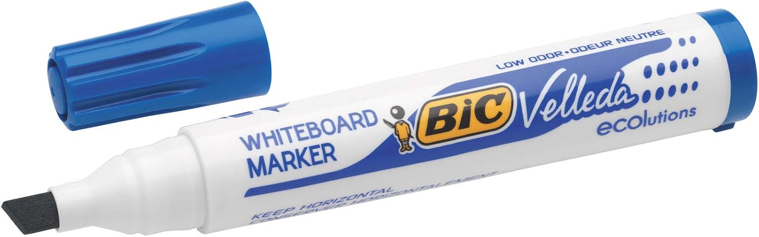 Detalle de BIC Velleda 1751 ECOlutions: Feutres pour Tableau Blanc à Pointe Moyenne – Bleu, Boîte de 12