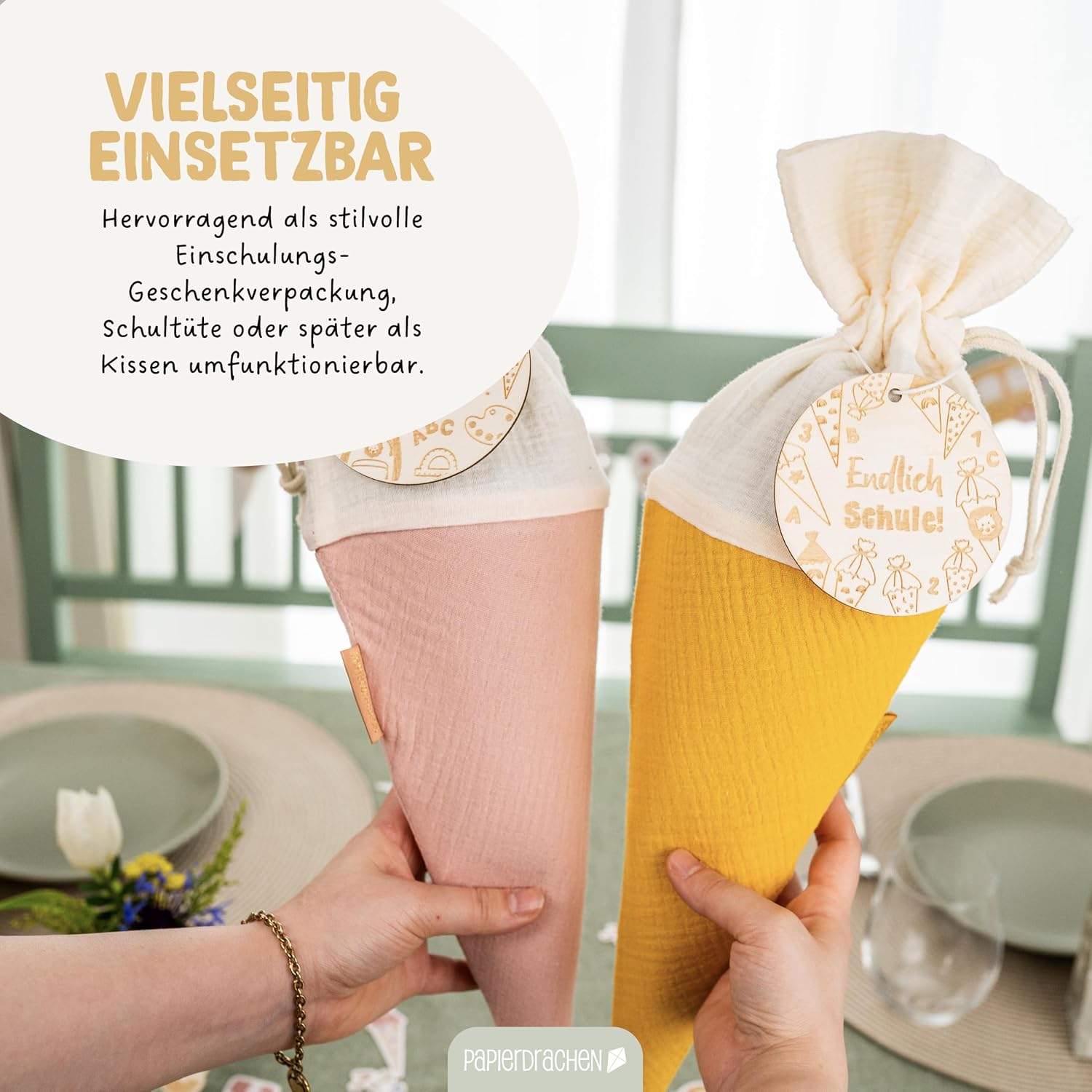Detalle de Papierdrachen - 2 Musselin-Schultüten Gelb & Rosa inkl. Namensschilder und Holzanhänger