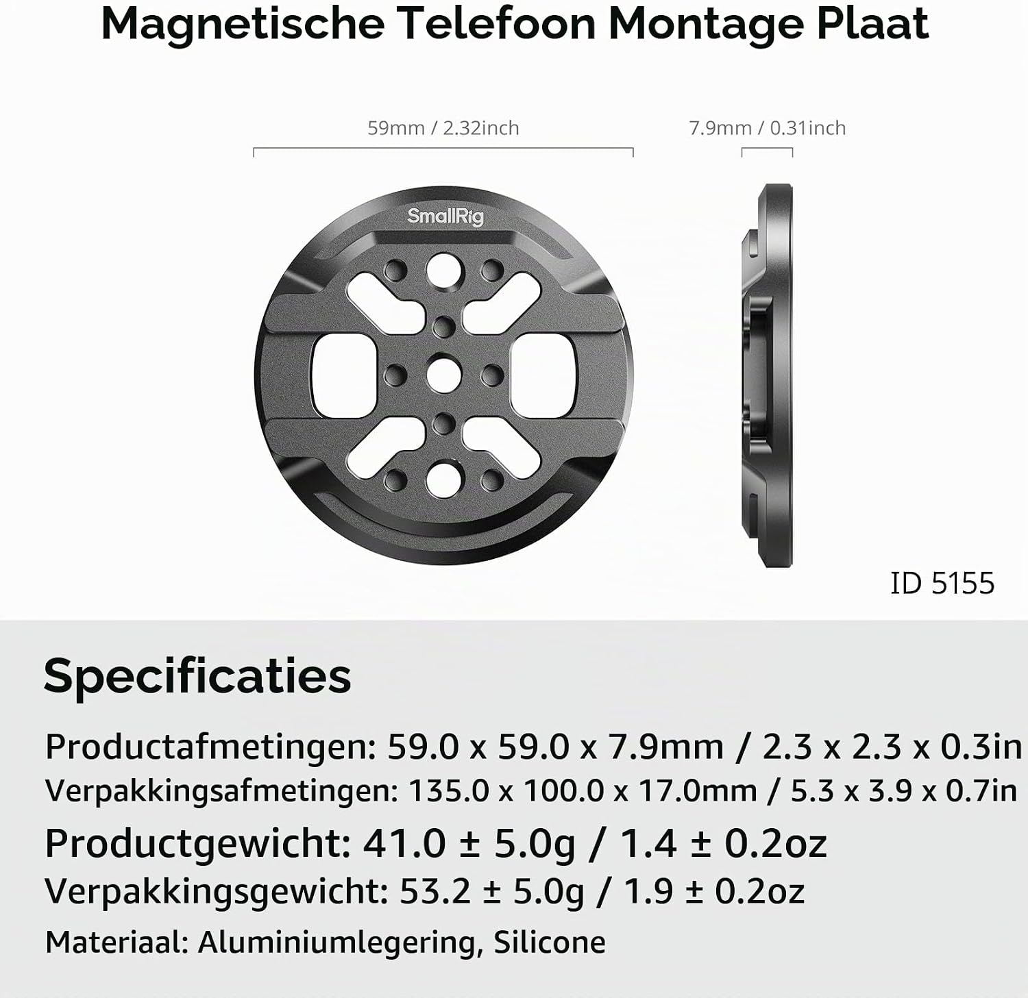 Detalle de SMALLRIG 5155 magnetische iPhone-montageplaat met cold shoe en 1/4"-20-gat