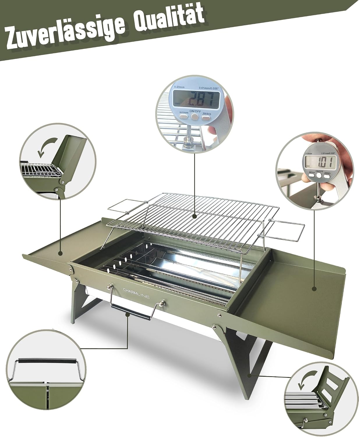 Detalle de Charmline Tragbarer Holzkohlegrill – Klappbar, 51 × 35 cm, Für 3–5 Personen, Grün