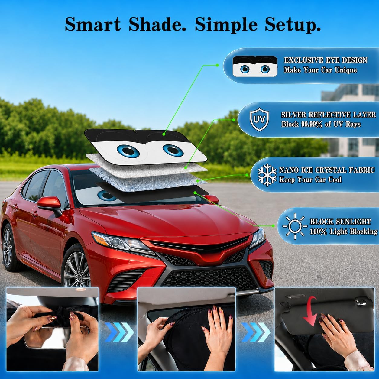 Thumbnail 3 de Car Windshield Sun Shade, Classic Black Eyes, 63 x 31.5" — Universal Mid-Sized Sedan & SUV
