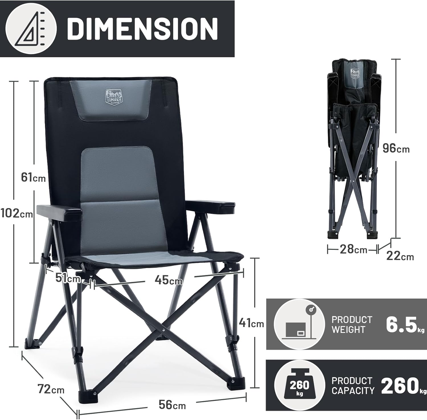 Detalle de TIMBER RIDGE Folding Camping Chair: Heavy-Duty 260kg Capacity with 4-Position Recline
