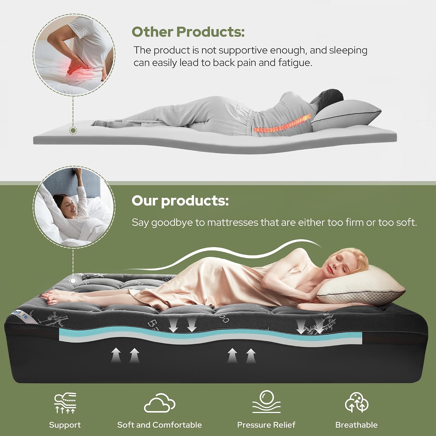 Detalle de BEDLORE Dual Layer 4-Inch Queen Mattress Topper, Gel Foam & Plush Top