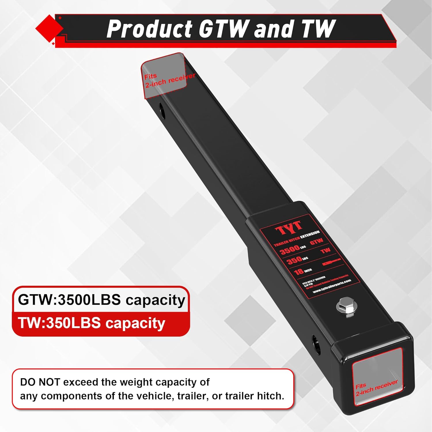 Thumbnail 3 de TYT 18" Trailer Hitch Extension for 2-Inch Receivers (2-Pack 5/8" Pins) – 3500 lbs GTW / 350 lbs TW