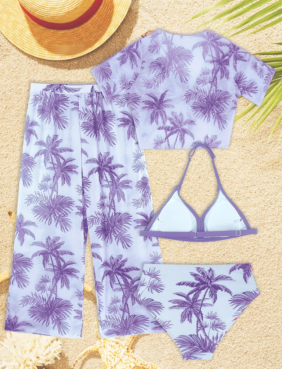 Thumbnail 1 de Happy Cherry Girls 4-Piece Bikini Set with Kimono Cover-Up for Hawaiian Beach