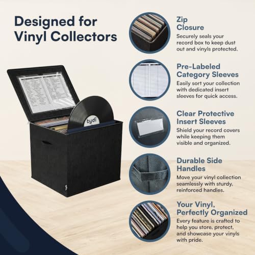 Detalle de Tydi Vinyl Record Storage Box with Zip Closure – Holds Up to 90 12 Inch Vinyl Records