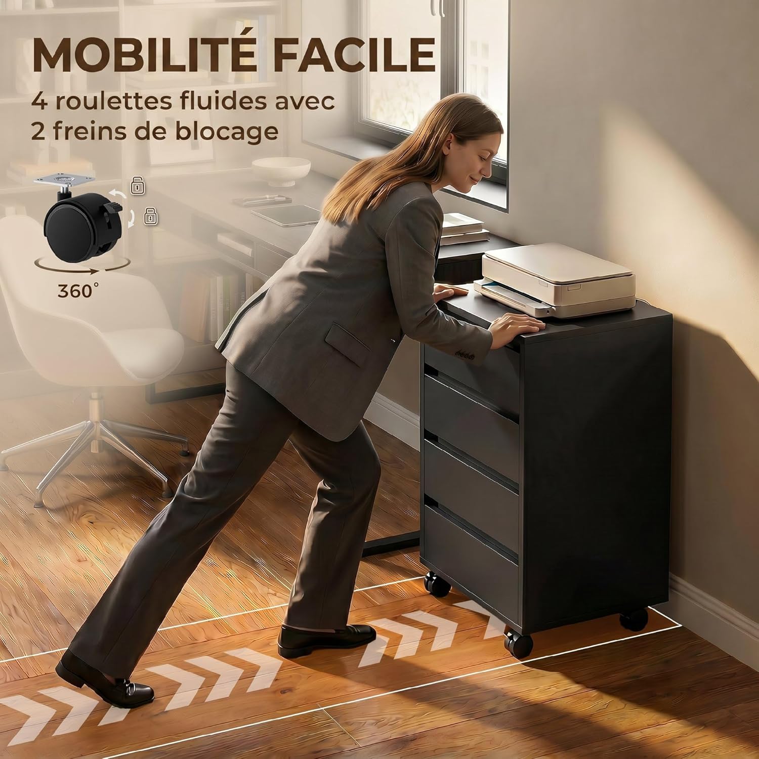 Detalle 2 de Caisson de bureau HOMCOM – rangement sur roulettes, 4 tiroirs coulissants en bois, noir