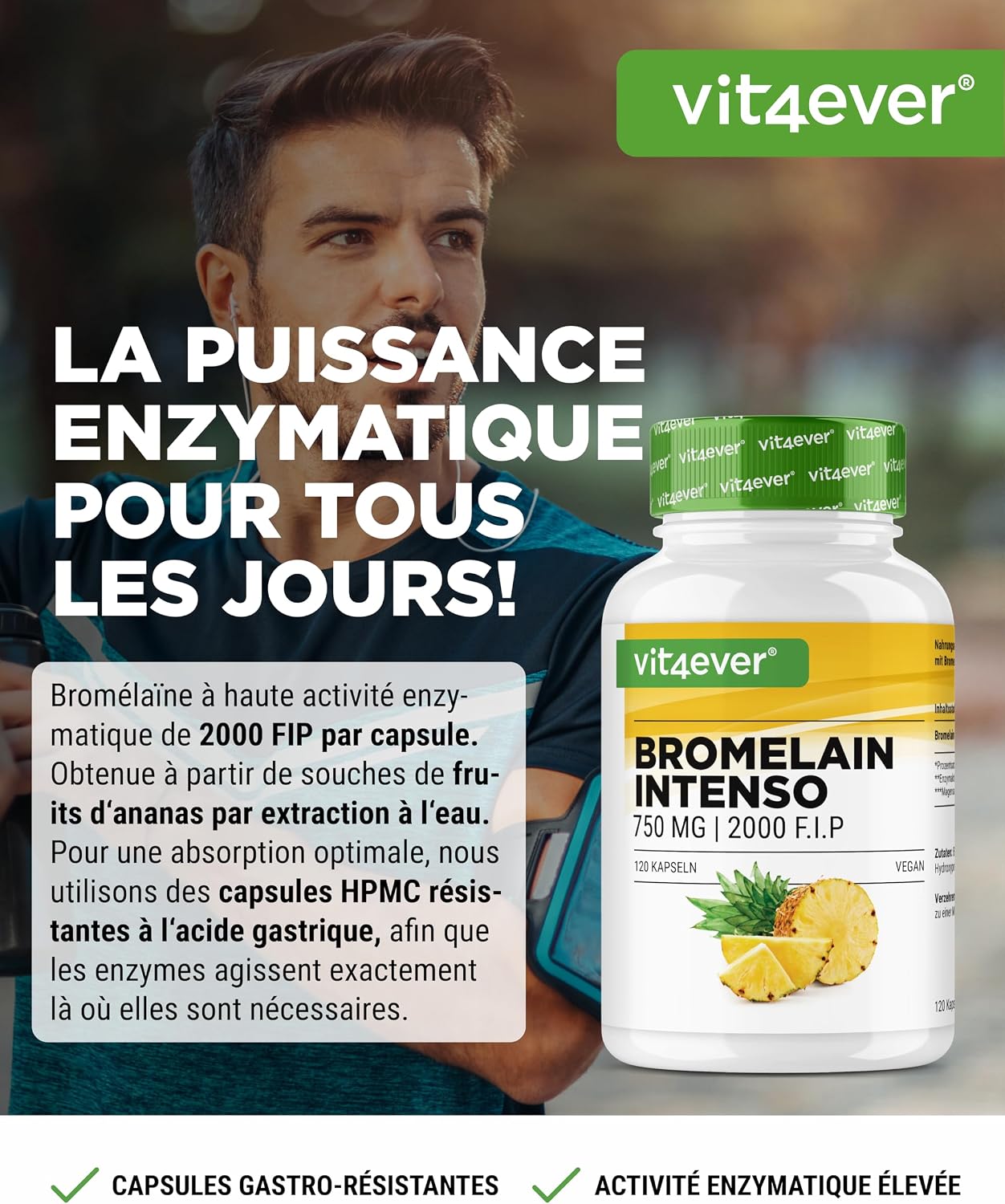 Detalle 2 de Bromélaïne Intenso 750 mg (2000 F.I.P) – 120 gélules gastro-résistantes, extrait naturel d’ananas