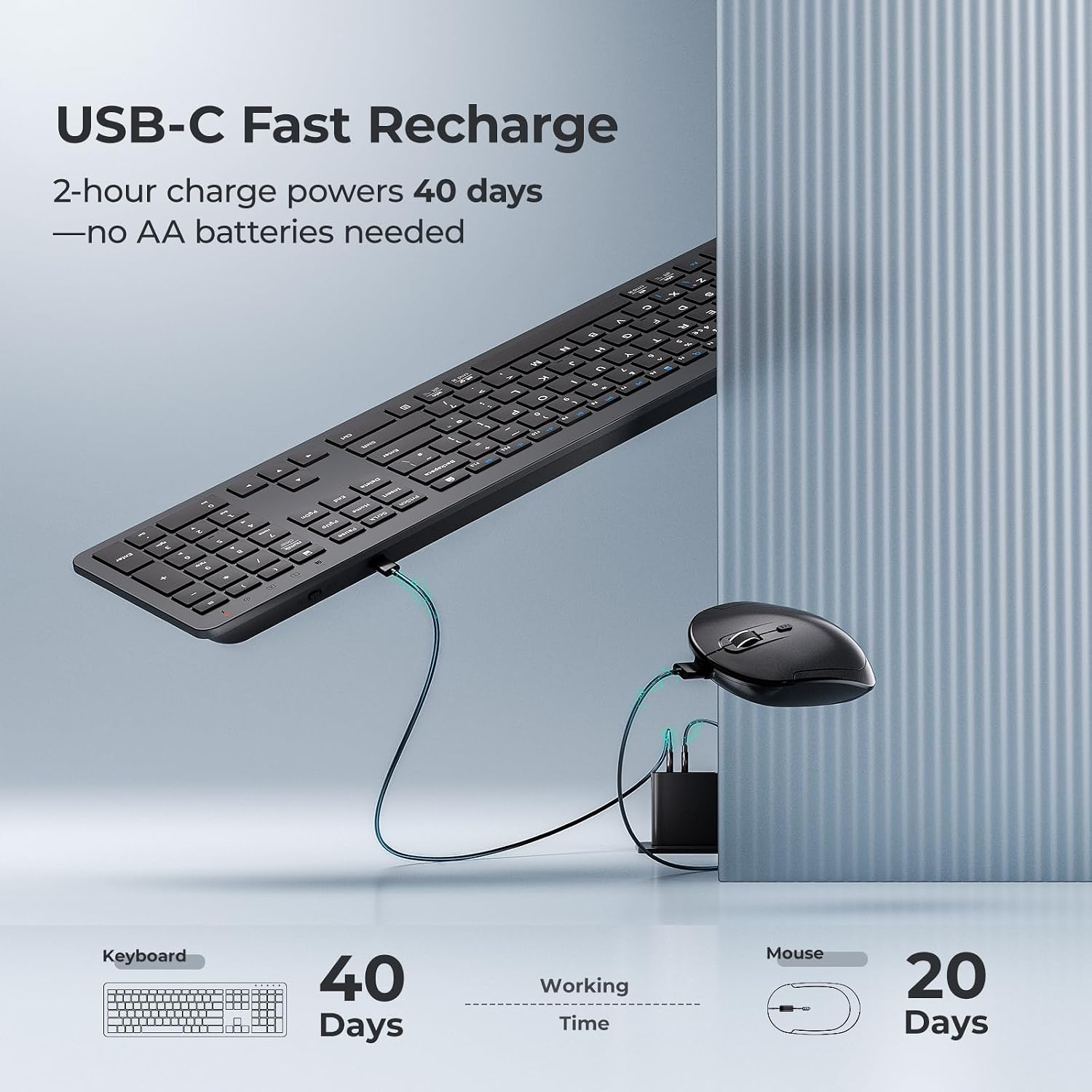 Detalle de iClever Wireless Keyboard and Mouse Set: Full-Size, Quiet, Rechargeable with Numeric Keypad