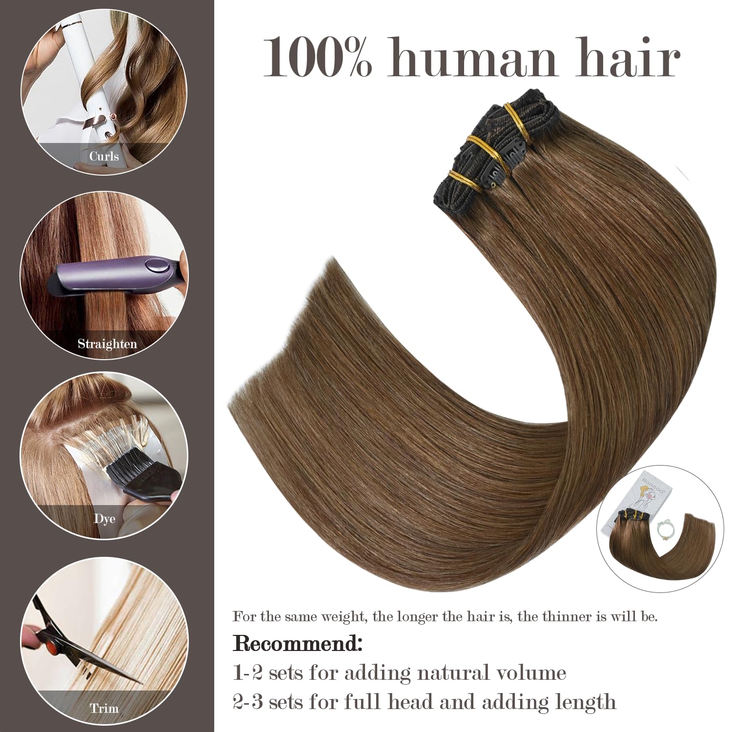 Detalle de Honsoo Chestnut Brown Remy Clip-In Hair Extensions (18 inch, 70g, 7pcs) – Real Human Hair, Silky & Soft