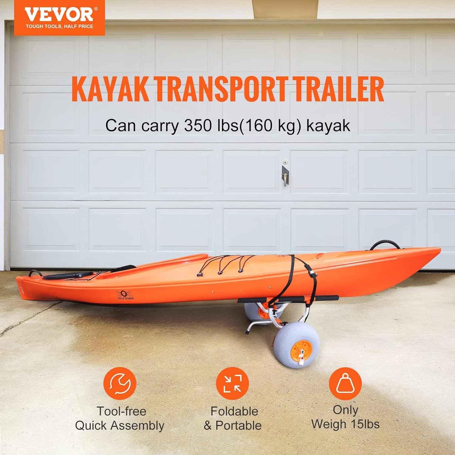 Detalle de VEVOR Chariot de Kayak 160 kg – Remorque de transport pliable avec roues 30,5 cm et cadre ajustable