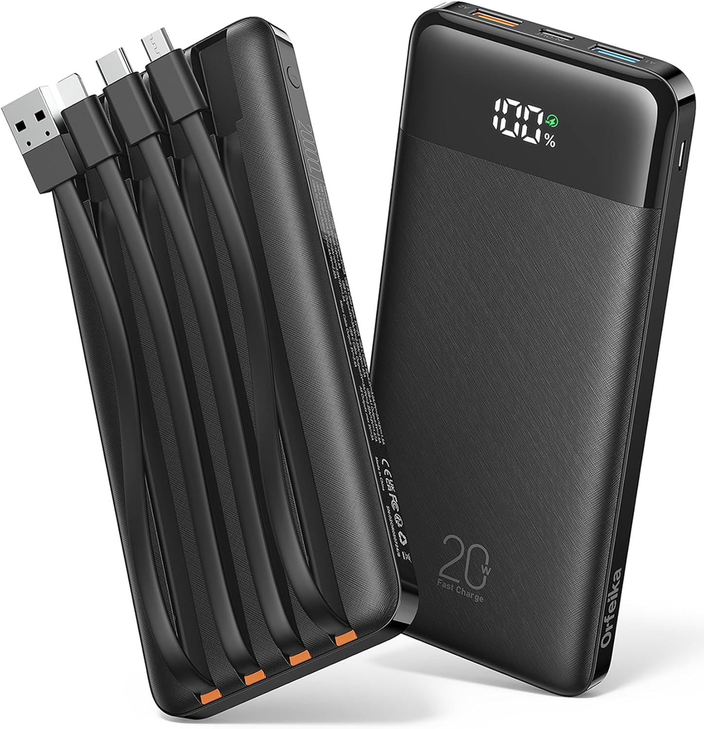 Detalle de Orfeika 20,000mAh Power Bank with 4 Built-in Cables (20W Fast Charging) and LED Display