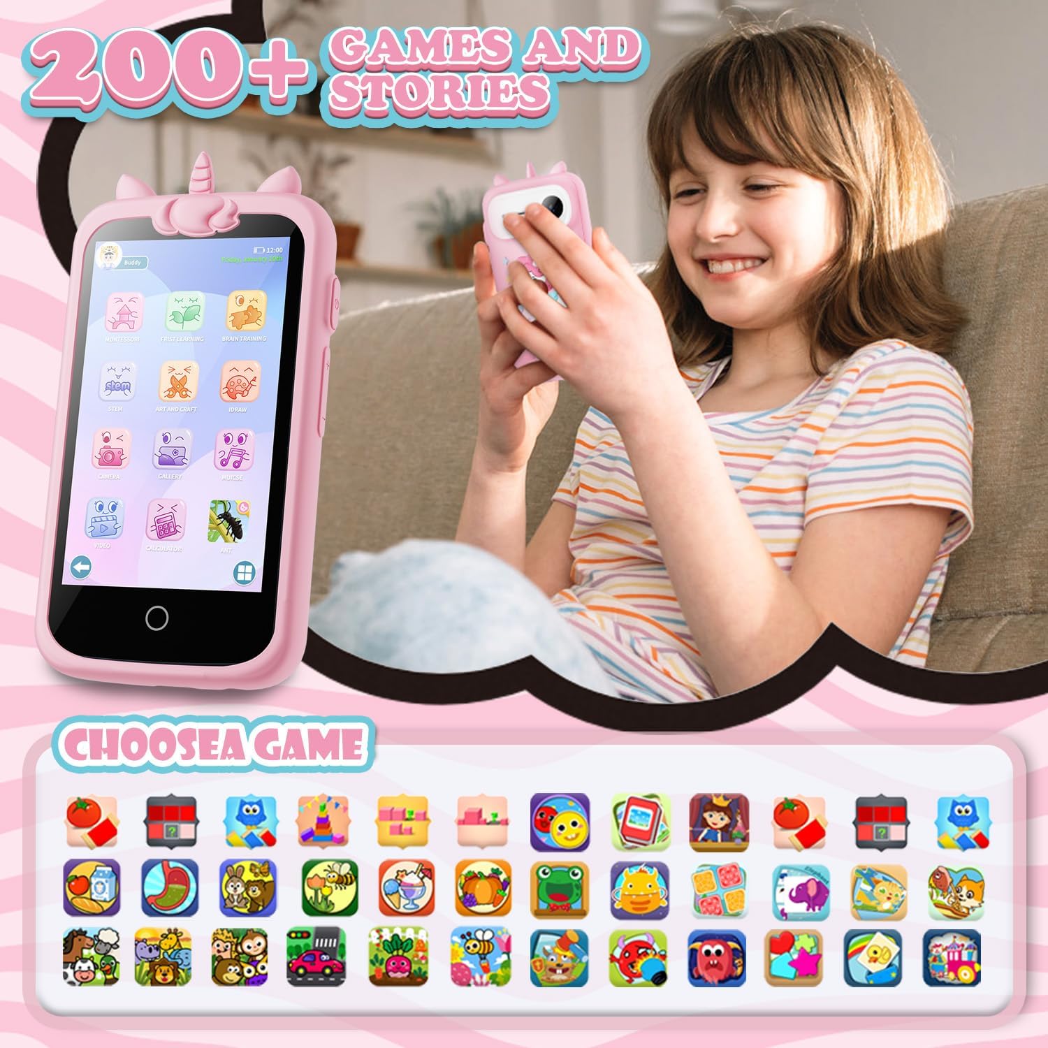 Detalle de Kids Smart Phone for Girls Toys, 3.97" Touchscreen, 8GB Card, Pink (E teacher) – A Learning Toy for Ages 3–12