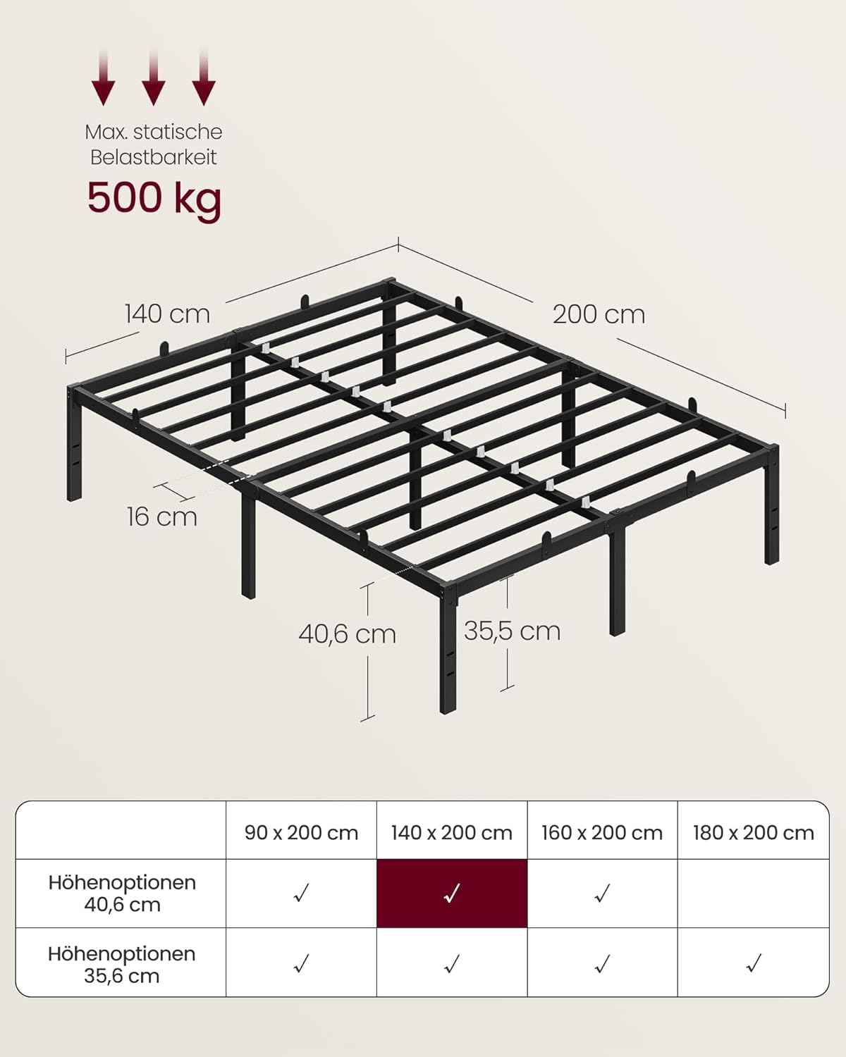 Thumbnail 1 de VASAGLE Doppelbettgestell RMB154BD01 für 140 x 200 cm Metallbett mit Unterbettaufbewahrung