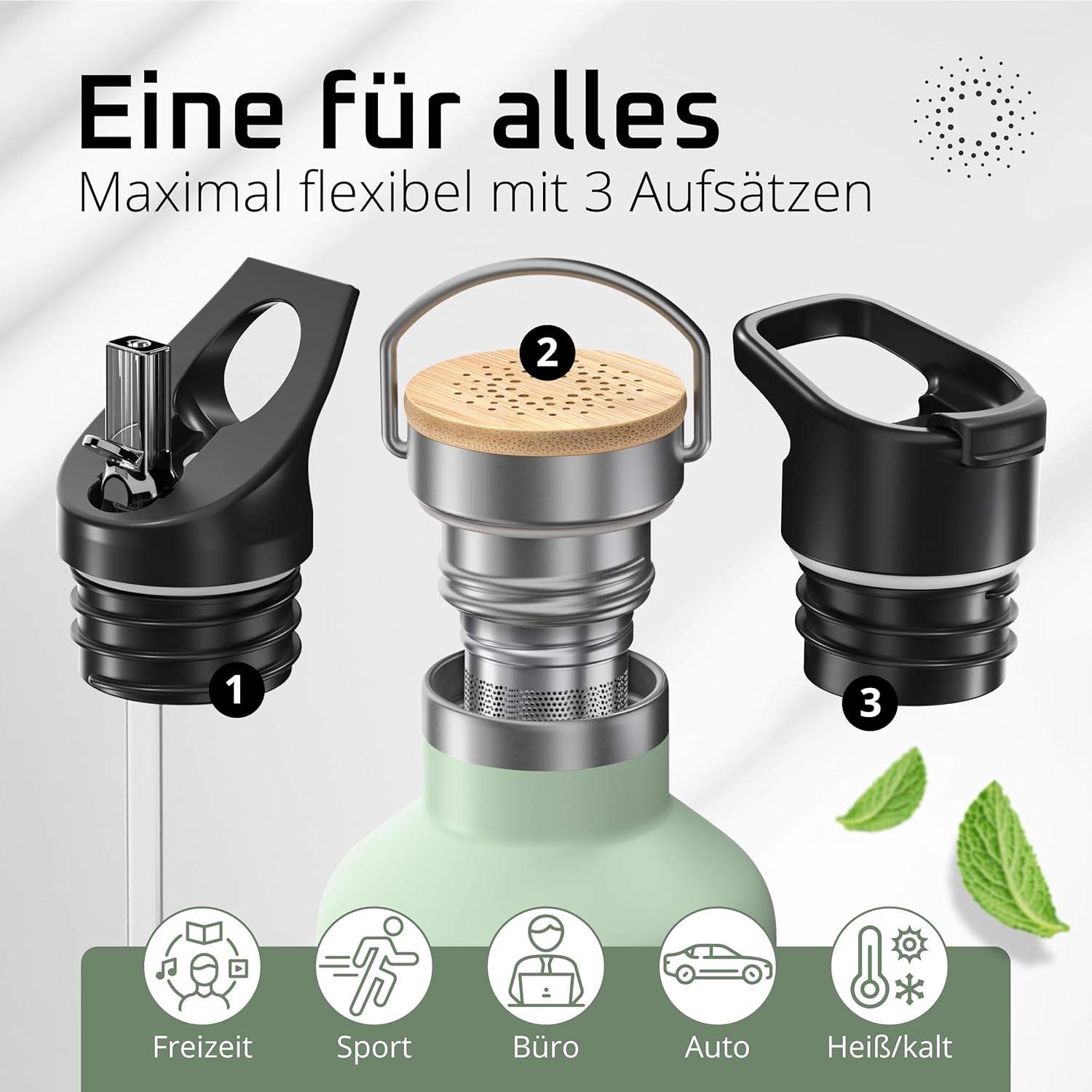 Thumbnail 1 de Edelstahl-Trinkflasche mit Strohhalm, Infuser & 3 Deckeln – für Sport, Fahrrad und unterwegs