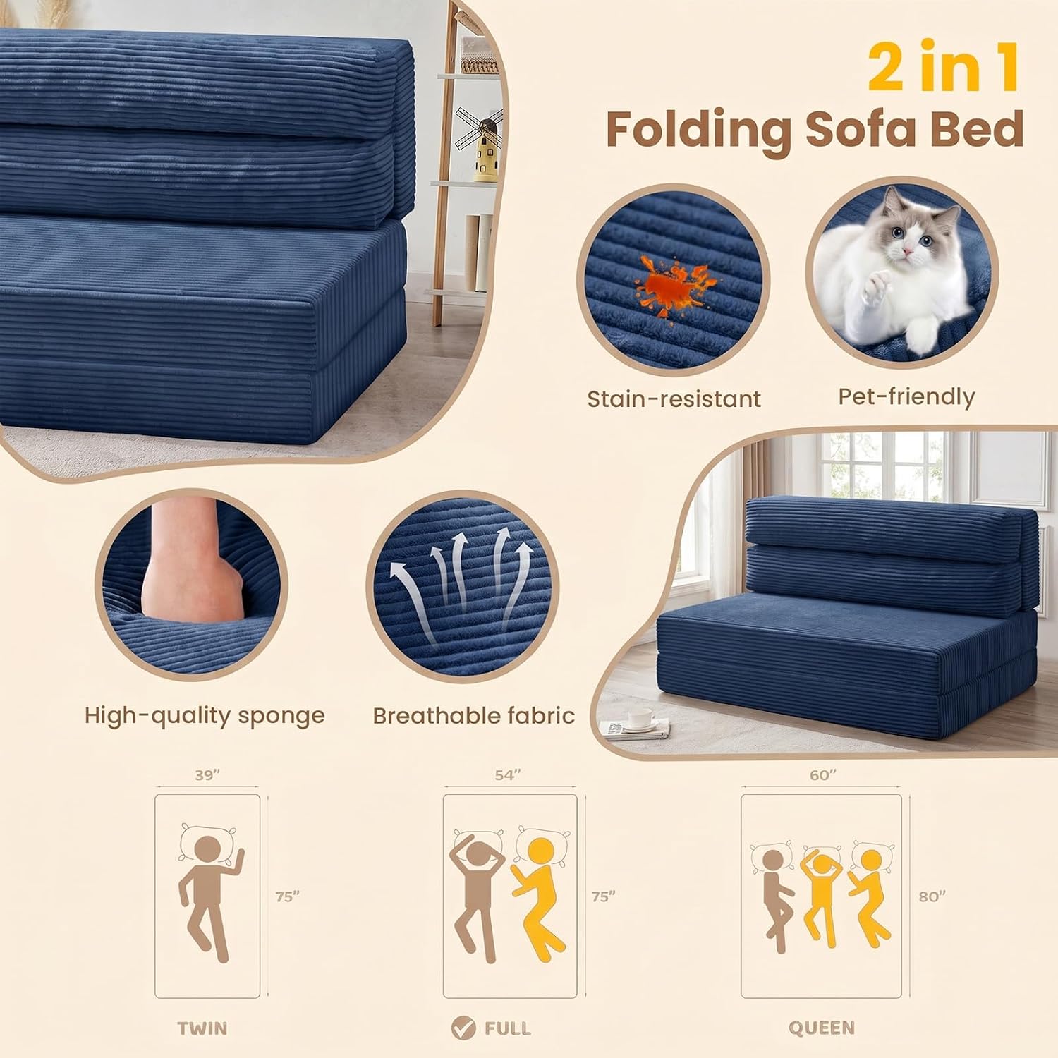 Thumbnail 5 de JUIKURY wzsfc-blue-queen Folding Sofa Bed, Blue Corduroy Convertible Chair