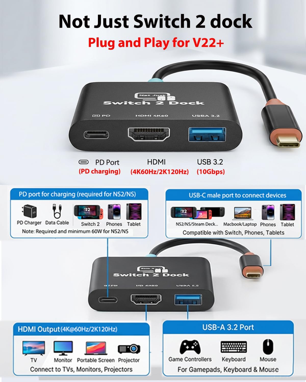 Thumbnail 2 de Switch 2 Dock for Nintendo Switch 2 (V22+ Plug&Play) — Portable TV Travel Docking Station with 4K 60Hz HDMI and 100W PD
