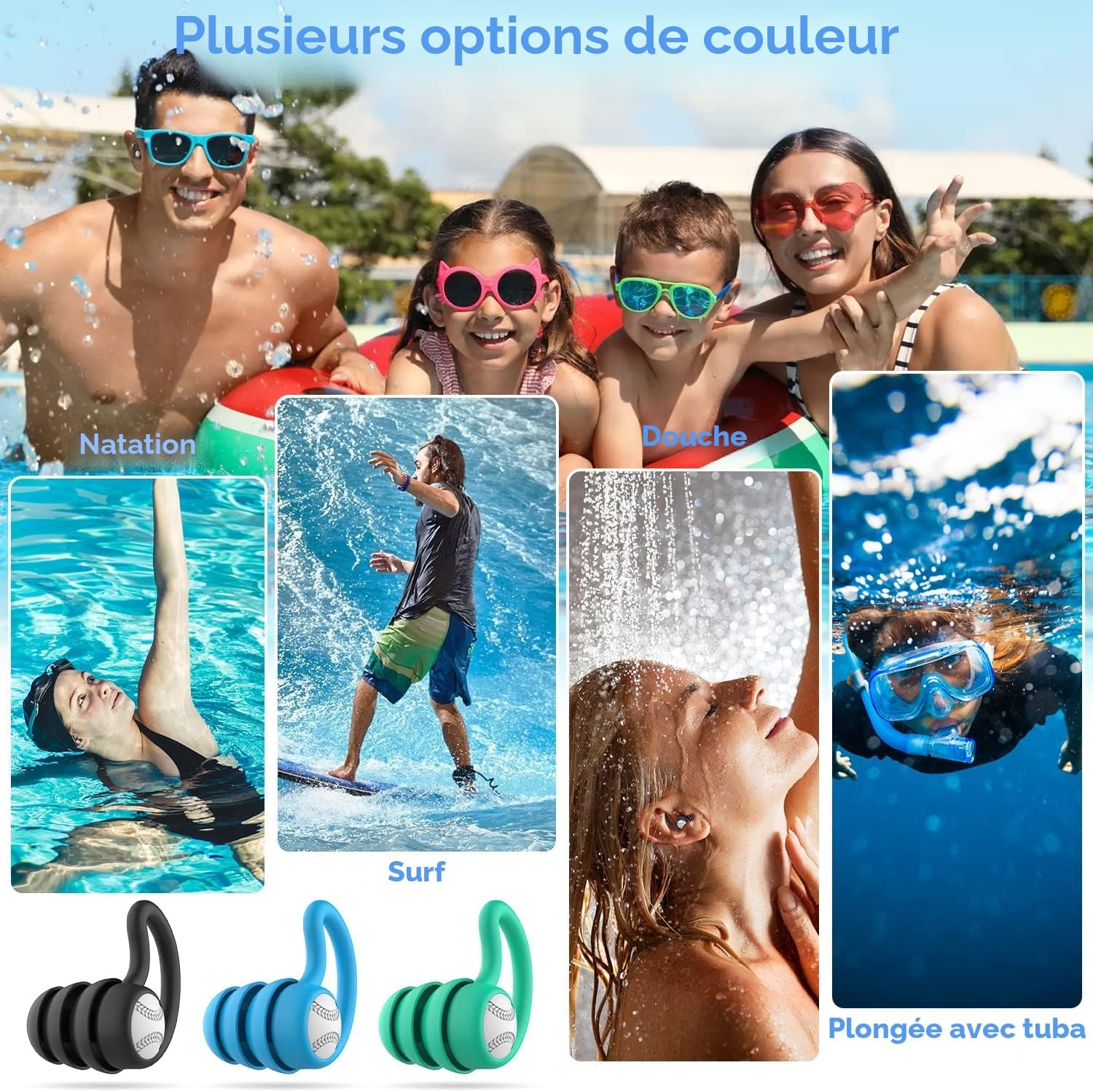 Detalle de Lot de 3 paires de bouchons d’oreille WLSCTY en silicone souple (noir, bleu, vert) pour natation, douche et surf
