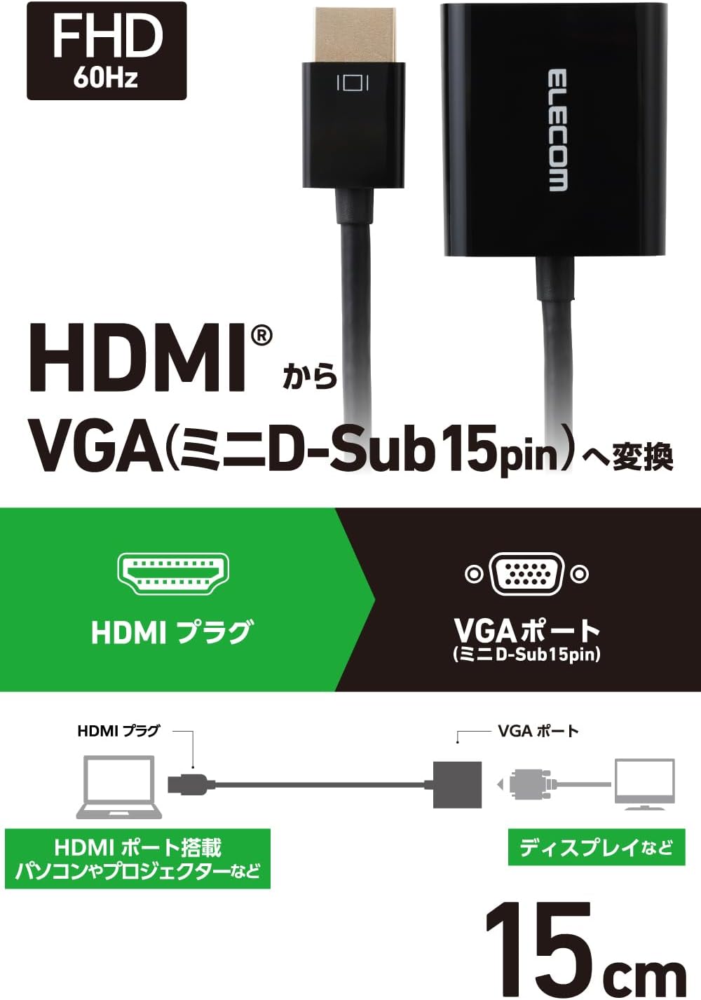Detalle 2 de エレコム EC-HDMIVGABK2 HDMI-VGA変換アダプター 約15cm・FHD/60Hz対応