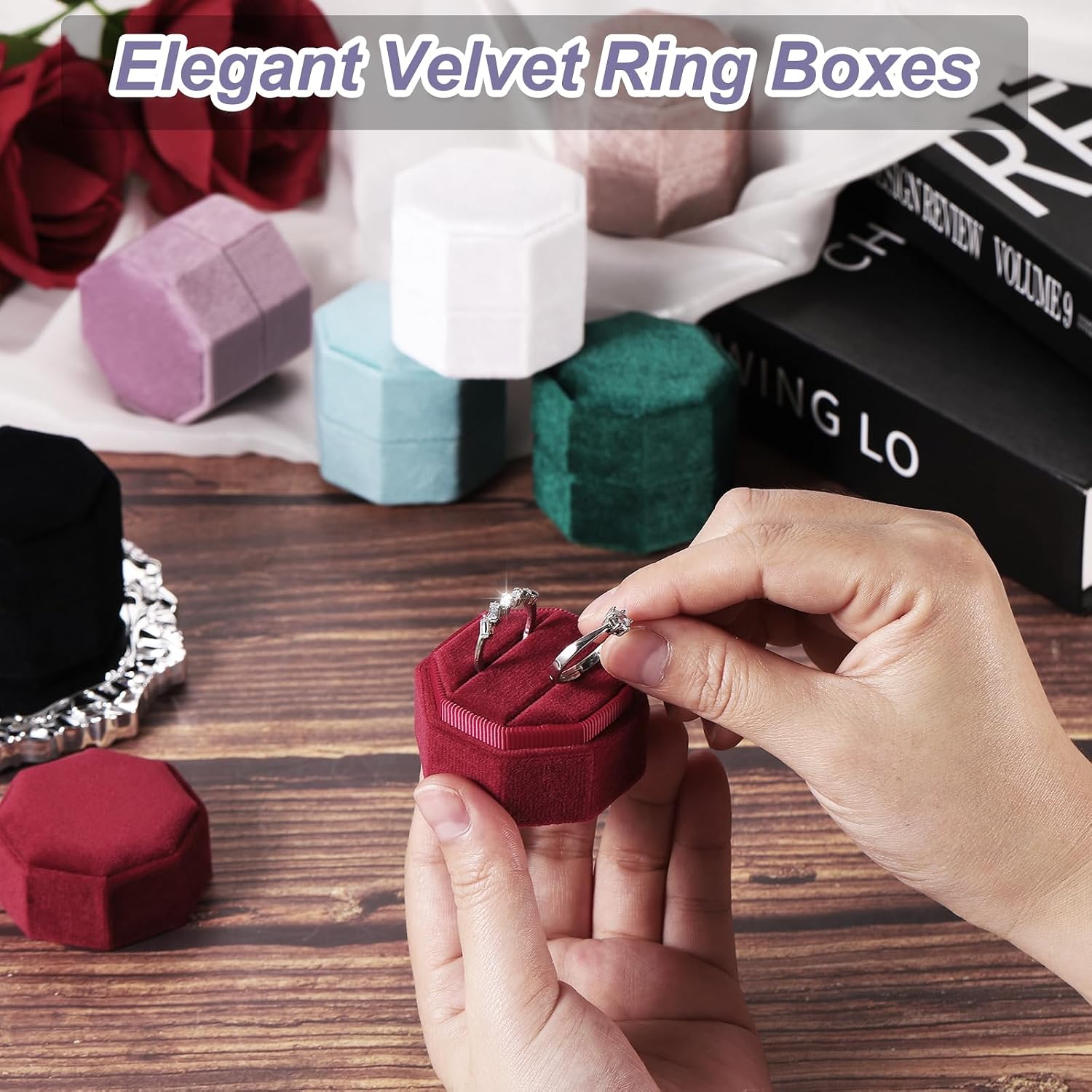 Detalle de PATIKIL 2 Slots Vintage Velvet Ring Boxes (2 Pack) – Octagonal Sky Blue Ring Bearer Boxes for His & Hers