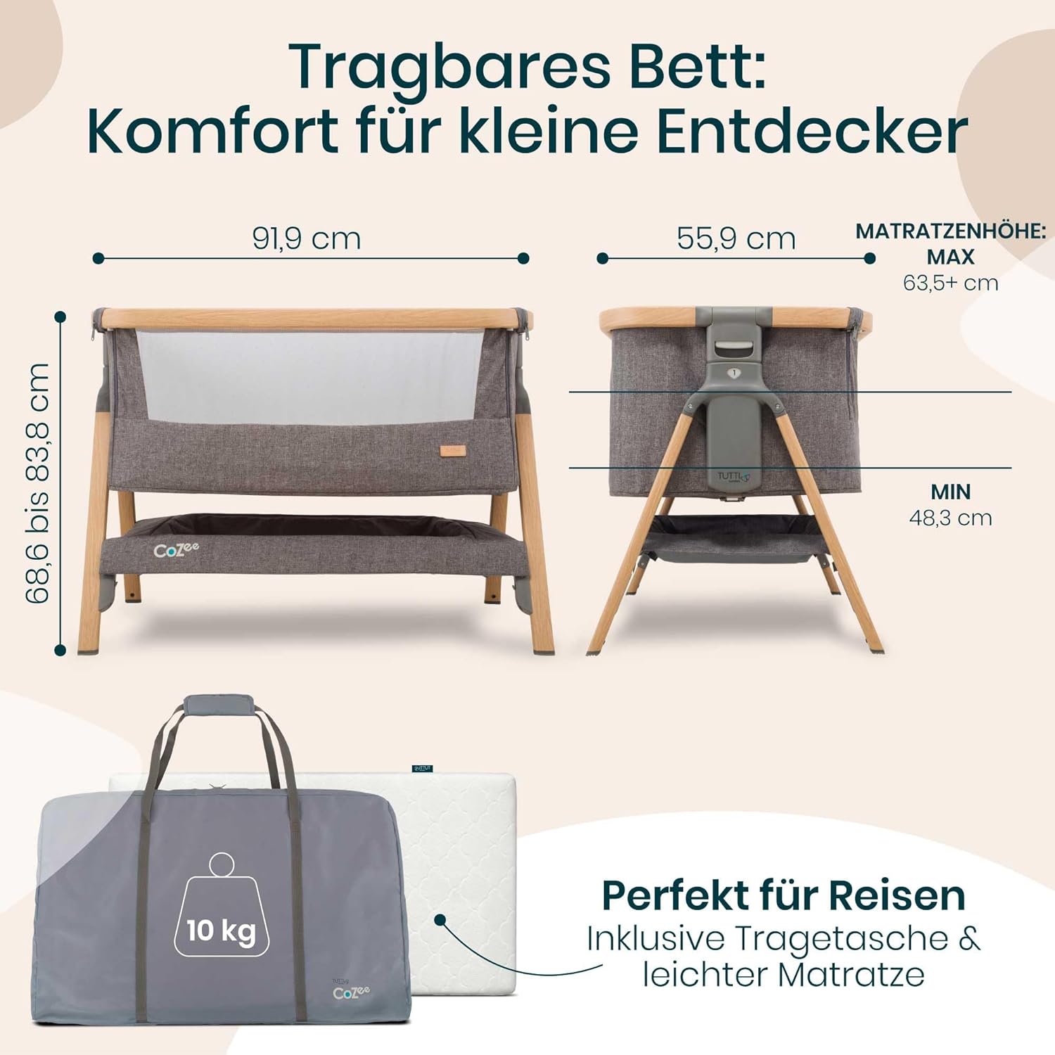 Thumbnail 4 de Tutti Bambini CoZee 2-in-1 Beistellbett & Reisebett (0–6 Monate) mit Matratze – 6-fach höhenverstellbar, faltbar, Mesh-Fenster – Eiche & Anthrazit