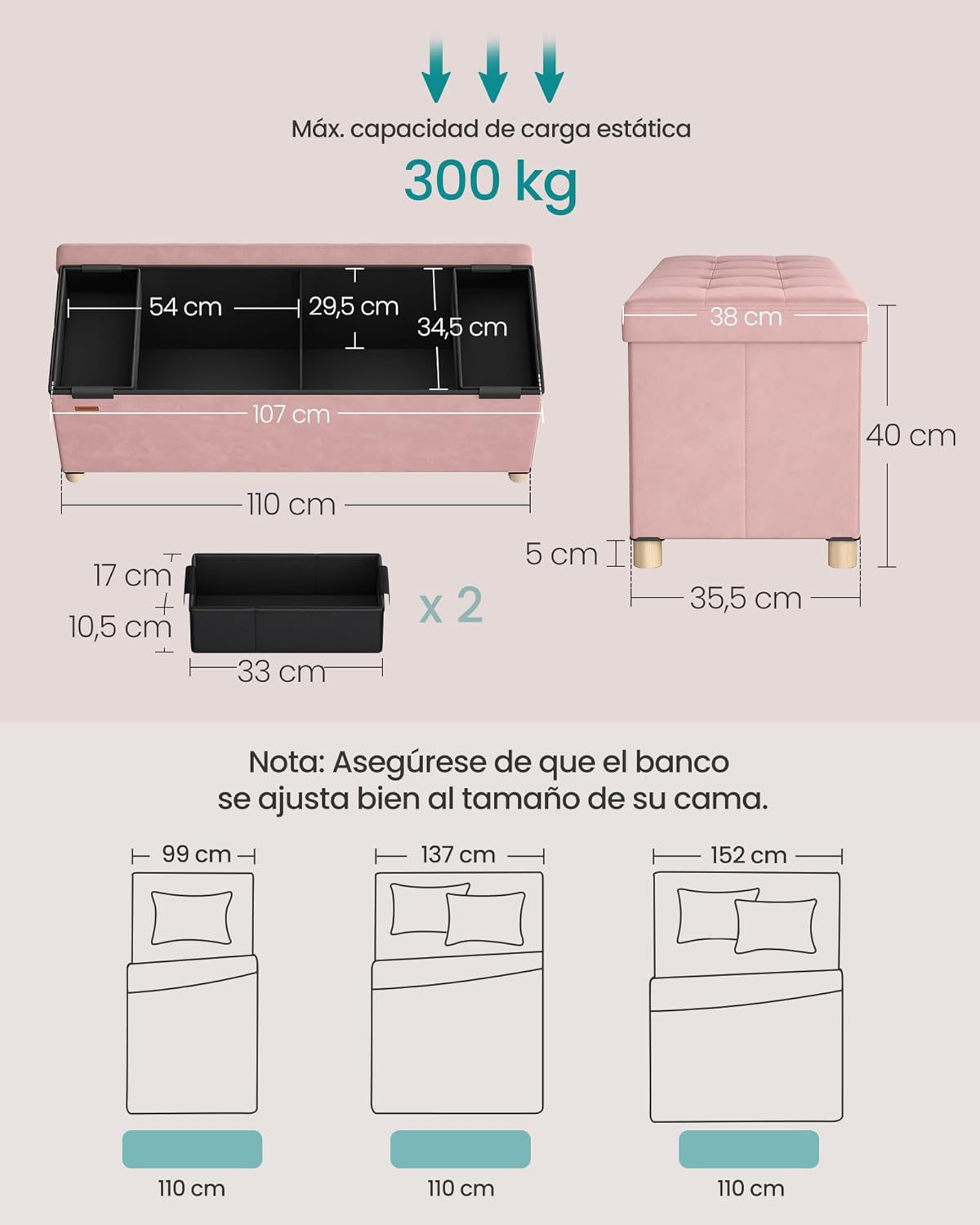 Thumbnail 2 de SONGMICS Puff Almacenaje 112 L terciopelo rosa