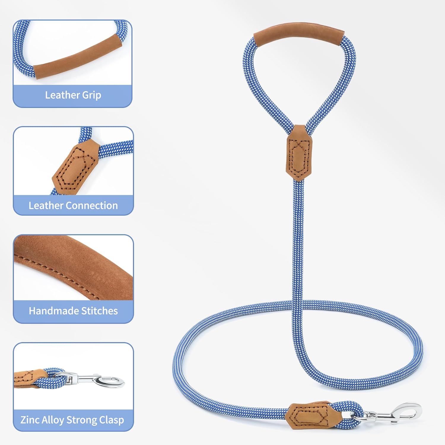 Thumbnail 3 de Mile High Life Premium Leather Dog Leash with 1/2-inch Rope, Zinc Alloy Swivel Clasp (48-inch, Blue/White)