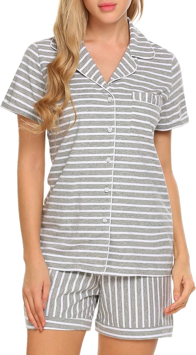 Thumbnail 6 de Ekouaer Schlafanzug Damen Kurzarm als Pyjama-Set mit Knöpfen, Taschen & Kurz-Lounge-Hose (S–XXL)