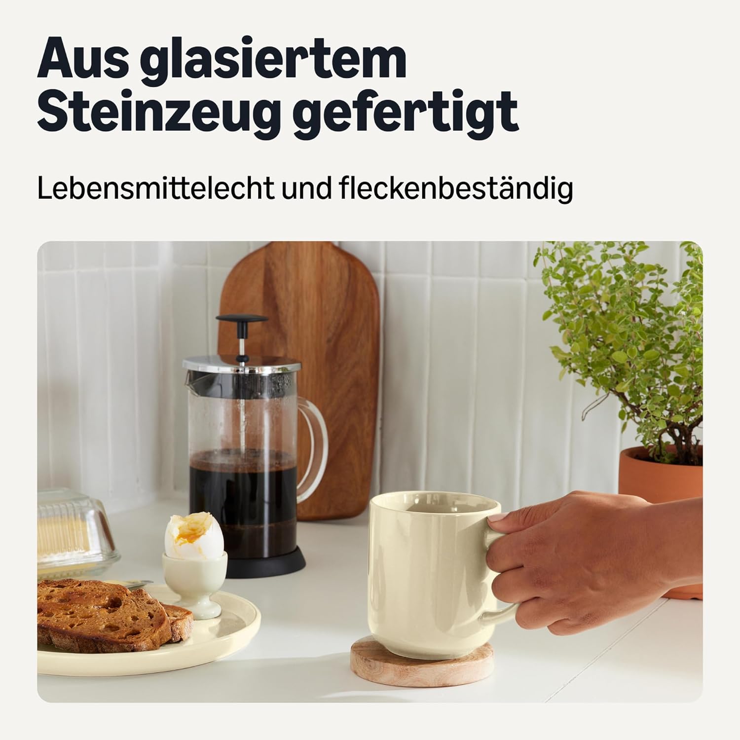 Detalle de Amazon Basics glasierte Steingut-Kaffeebecher, 6-teiliges Set, 473 ml – Elfenbein