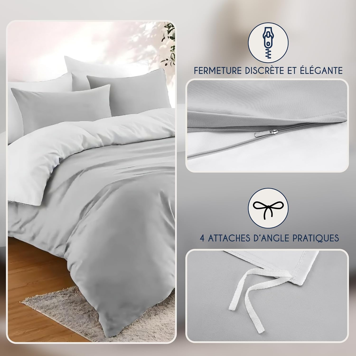 Thumbnail 2 de Dreamzie Parure de lit 200x200 en microfibre : housse de couette 200x200 et 2 taies 65x65 gris clair/blanc