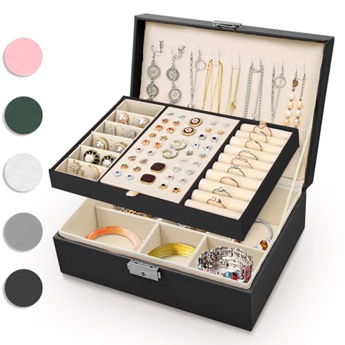 Detalle de Eucomir Joyeros Mujer: Joyero de Viaje 2 Capas en Cuero PU Negro, Organizador de Joyas